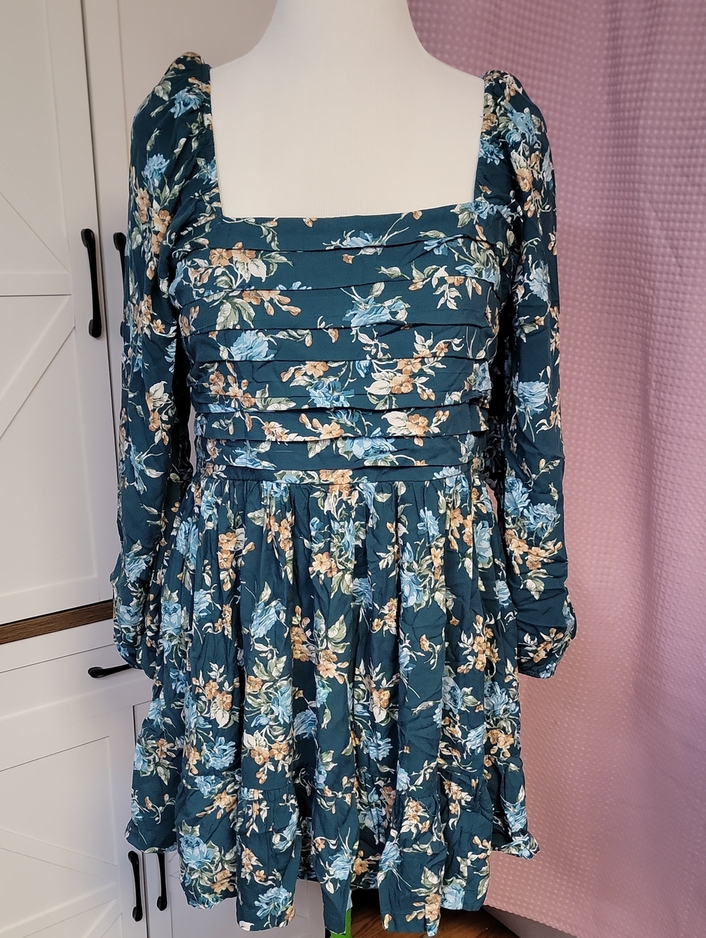 Yala Teal Floral Long-Sleeve Square Neck Mini Dress